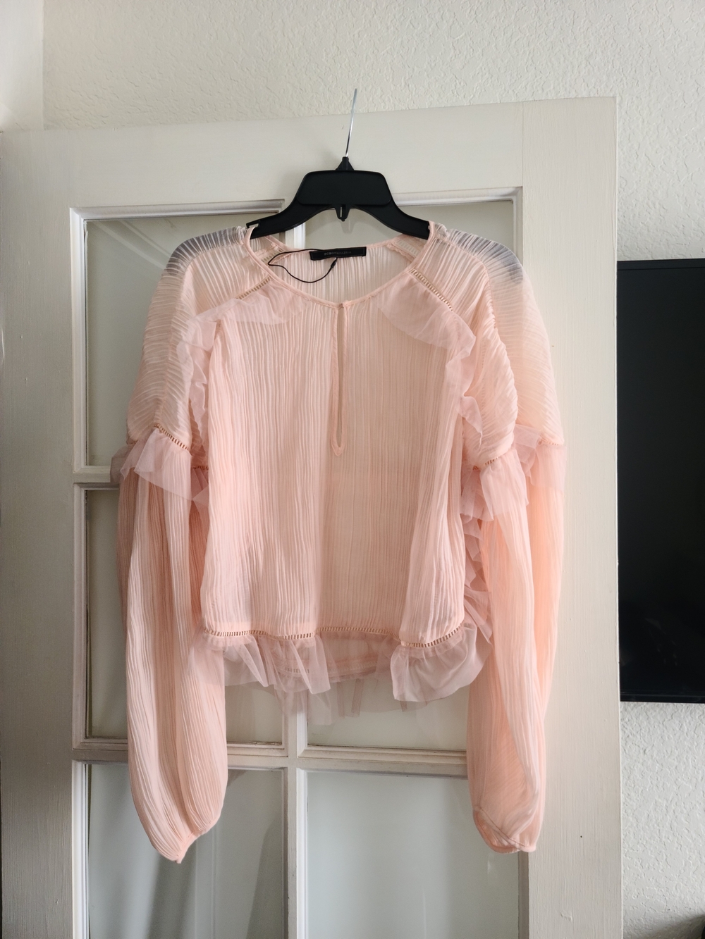 BCBGMaxAzria Blush Pink Pleated Ruffle Blouse